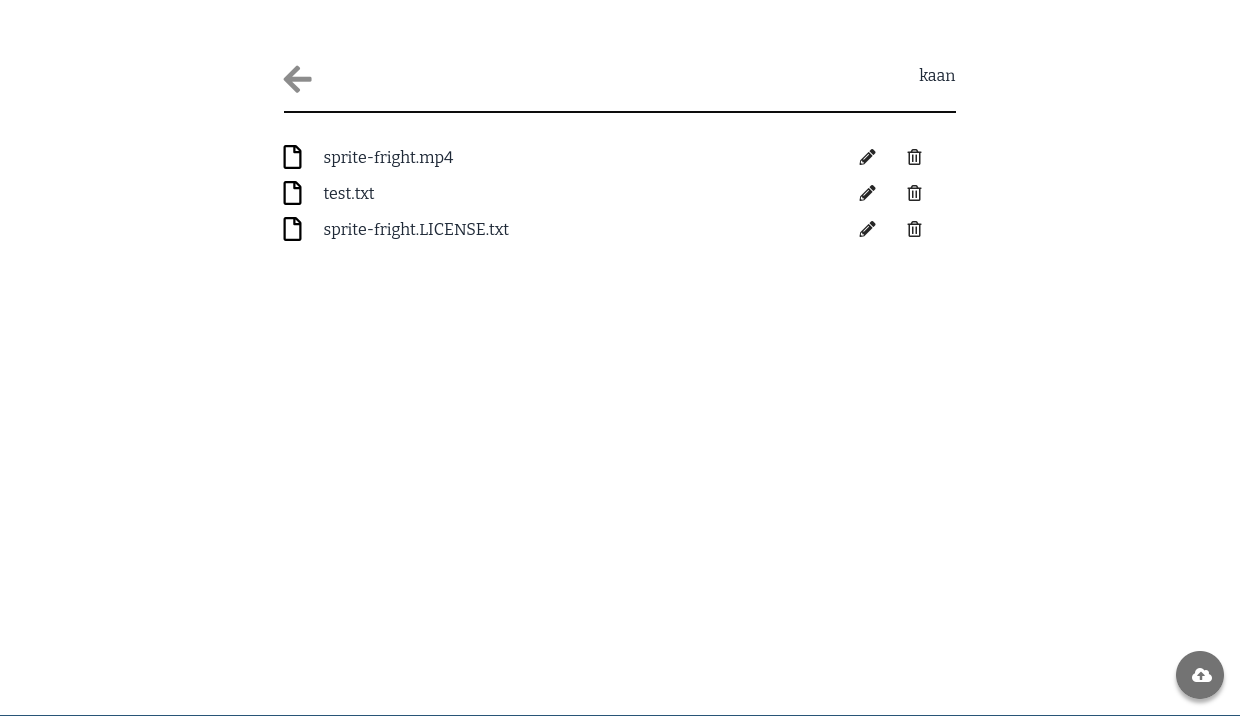 A web page with 3 files listed, sprite-fright.mp4, test.txt, and sprite-fright.LICENSE.txt. There are pencil and thrash bin symbols to the right of the file names. A leftward arrow is grayed out on the top left, and top right says kaan. On the bottom right there's a symbol of a cloud with an up arrow.