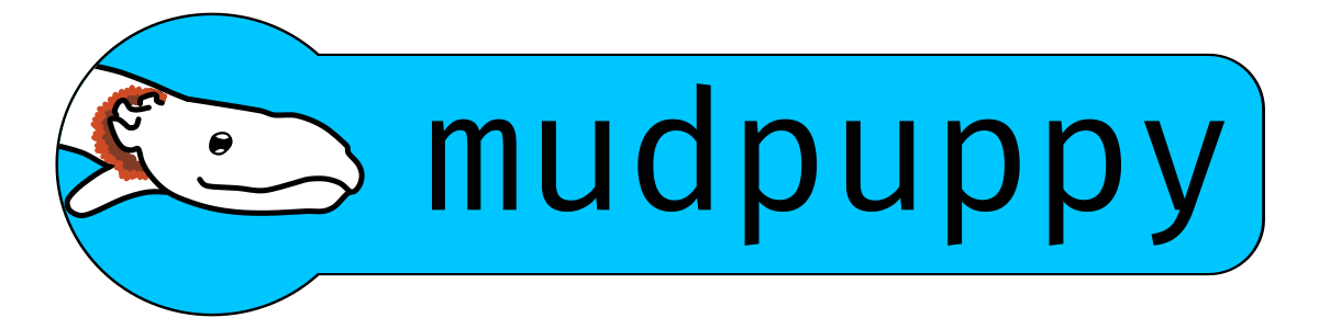 The mudpuppy logo: a hand-drawn salamander with red feathery gills next to the word mudpuppy on a blue rounded badge.