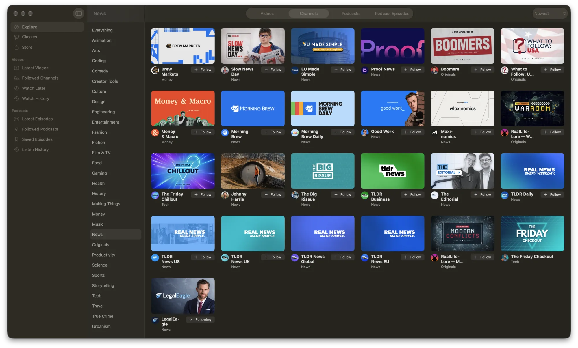 Browsing News channels in the Explore tab, with follow buttons on each channel