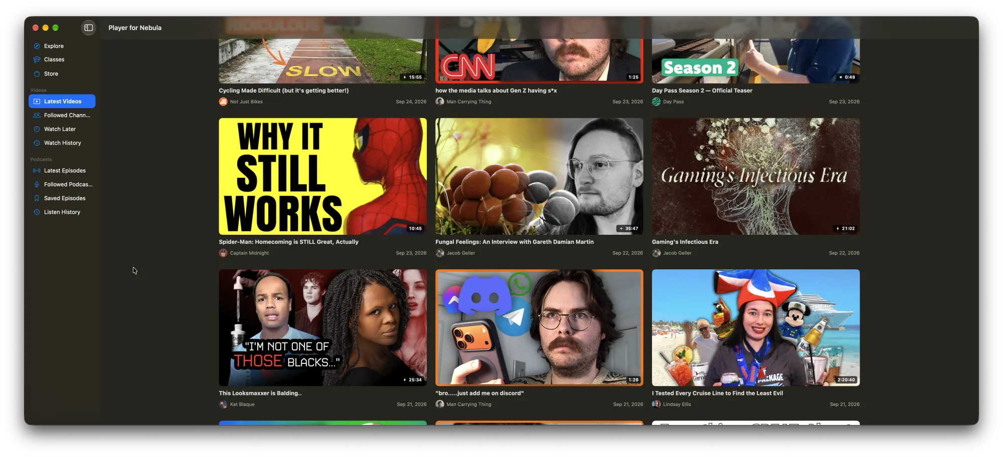 Player for Nebula showing the latest videos from followed channels