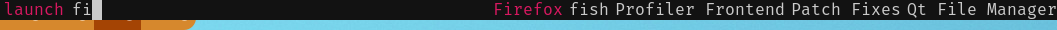 A desktop, displaying a bar with the words launch, followed by fi. On the right side of the bar are program names Firefox, fish, Profiler, Frontend, Patch Fixes, and Qt File Manager. Firefox is highlighted.