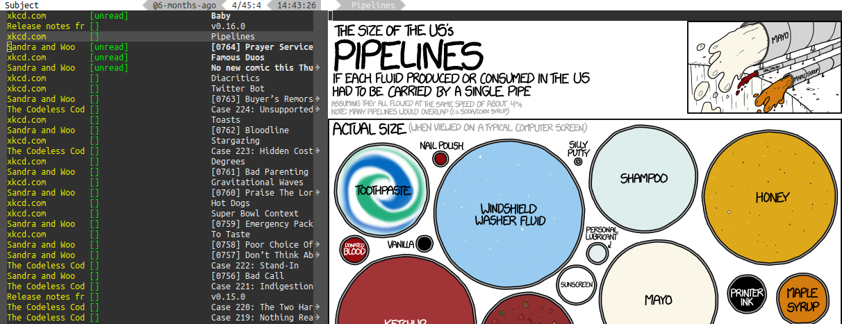 A window, with a list on the left displaying entries from xkcd.com, Sandra and Woo, and The Codeless Code. An entry titled Pipelines is selected, and the right side of the window displays the contents of that XKCD.