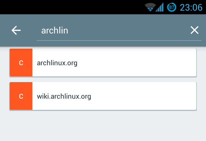 An Android phone screenshot. A search bar at the top displays archlin typed in, and below the search bar the options archlinux.org and wiki.archlinux.org are listed.