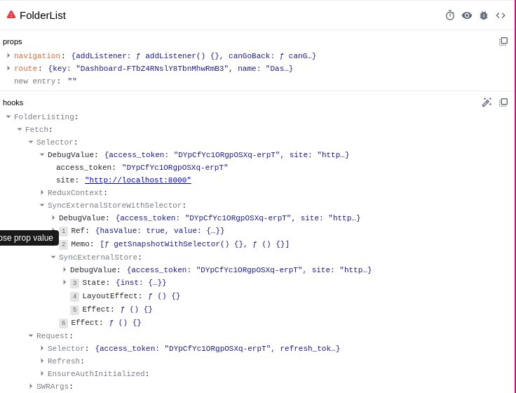 A tree view displaying hooks for a component named FolderList